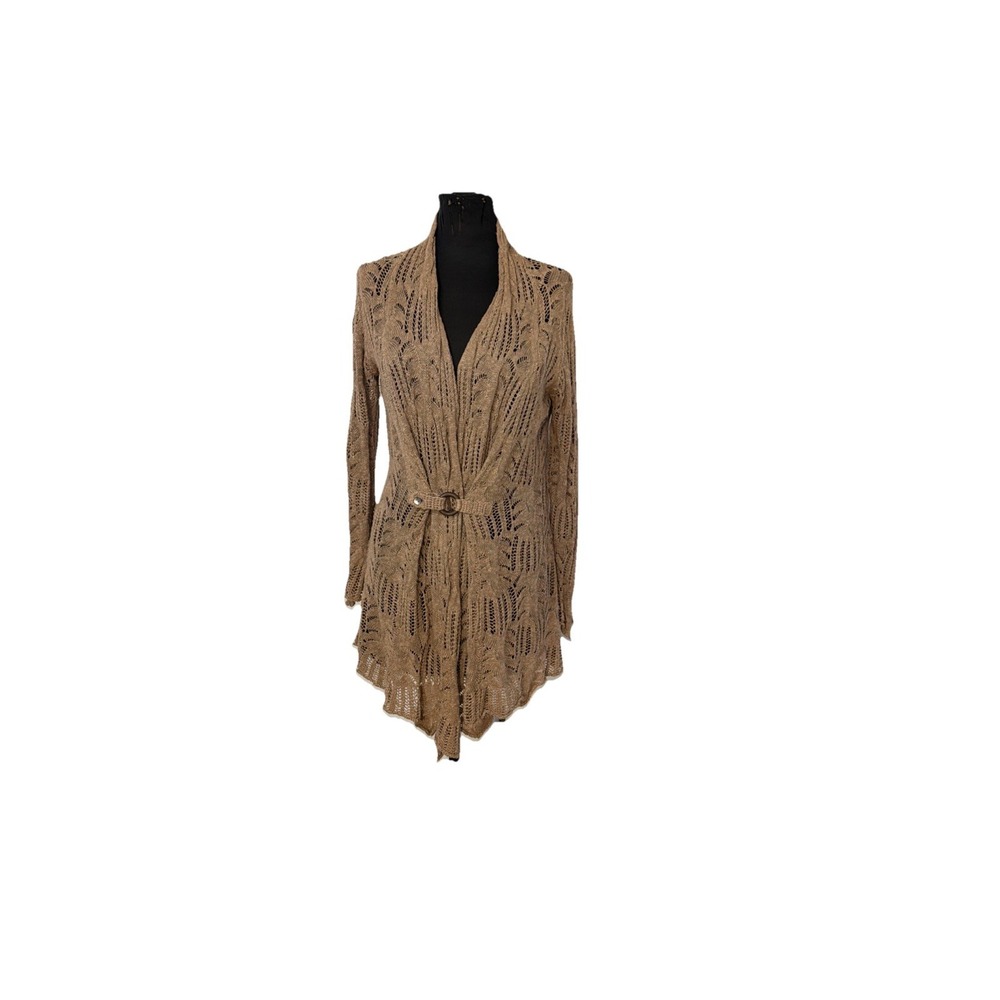 Bibelot crochet knit Long‎ cardigan sweater Tan size Large Linen Lagenlook Boho